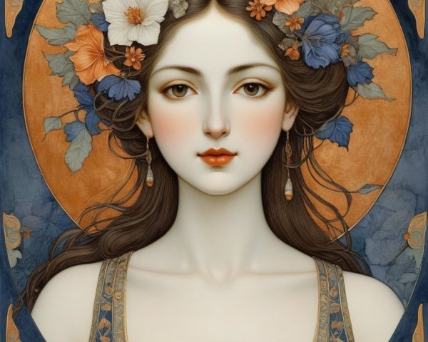 Stylized Portrait of Woman with Floral Adornments