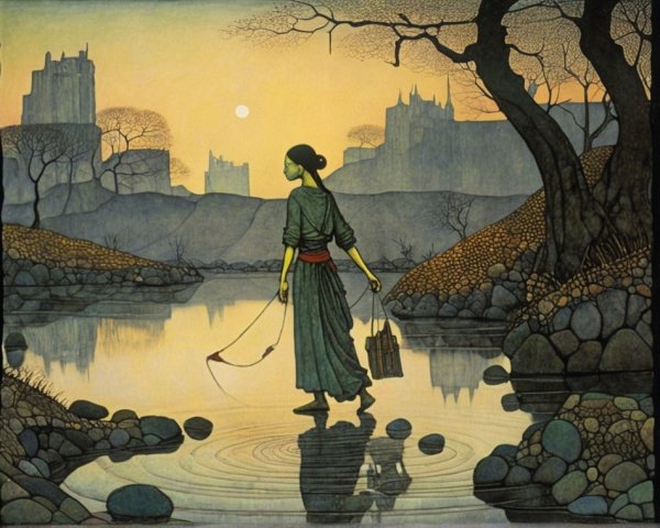Serene Dusk Landscape with Figure in Green Garb