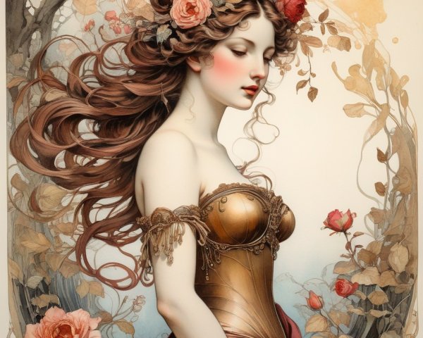Woman with roses in flowing hair in corseted gown among branches.