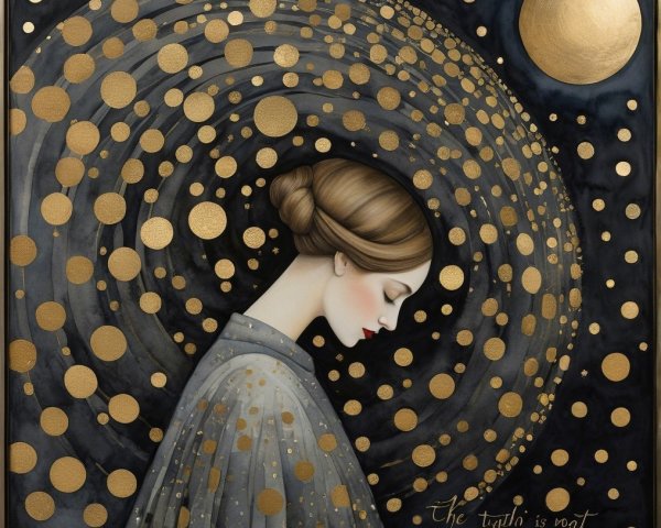 Serene Woman in Gray Garment with Golden Moon Background