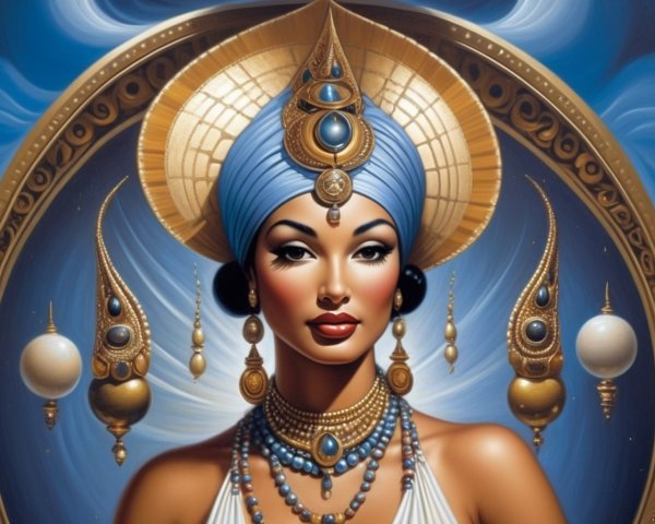 Regal figure in blue headdress with ornate jewelry