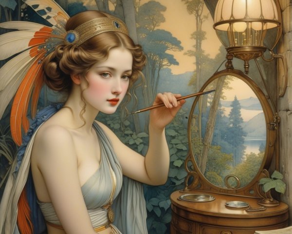 Elegant woman at vintage vanity with serene landscape