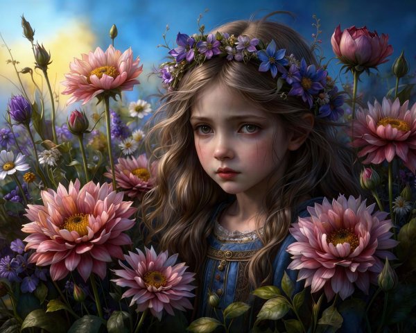 Detailed painting of a girl in a flower field