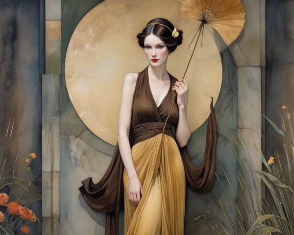 Serene woman in brown and gold dress with paper umbrella
