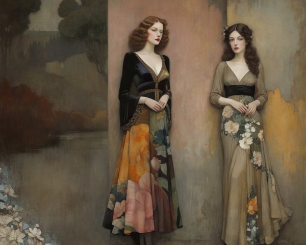Elegantly Dressed Women Against Soft Painted Backdrop