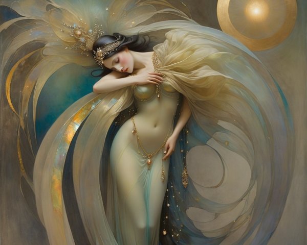 Mystical figure in translucent fabrics with moonlit glow