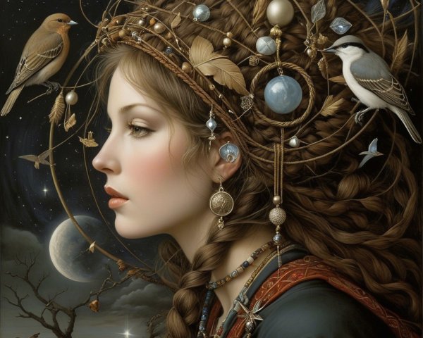 Serene Woman with Braided Hair Under Starry Night