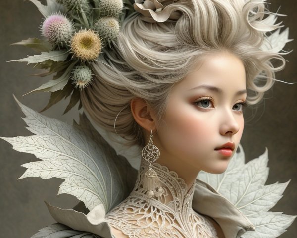 Young woman with voluminous hair and thistle plants