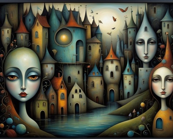 Whimsical Landscape with Surreal Figures and Village