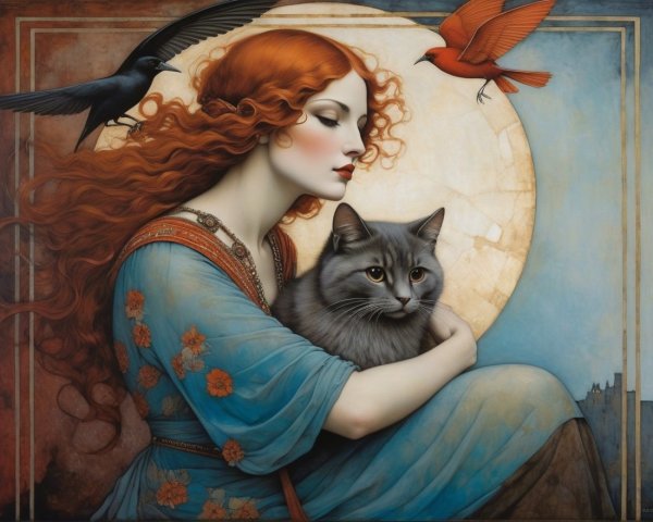 Serene Woman with Red Hair and Gray Cat in Nature