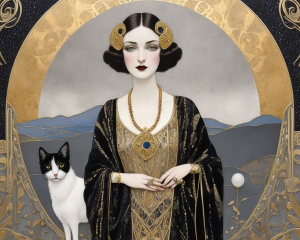 Stylized Portrait of Woman with Cat and Art Nouveau Background