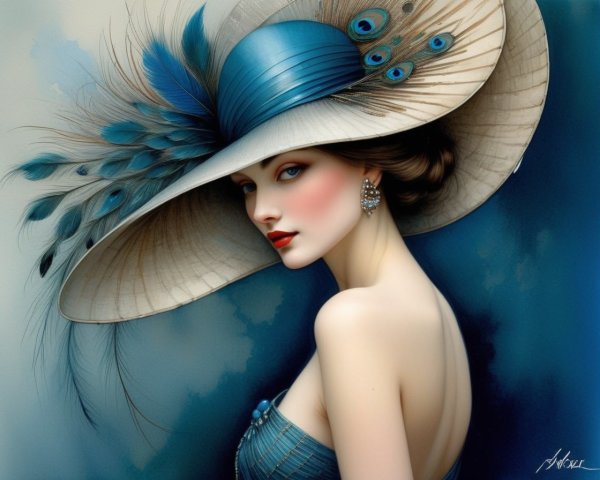 Elegant Woman in Large-Brimmed Hat with Feathers