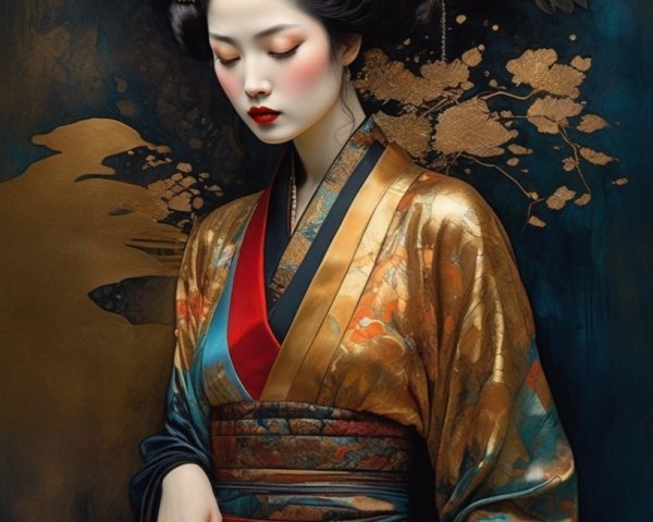 Traditional Japanese Kimono Artwork with Intricate Hair Ornaments and Flying Bird on Gold-Leaf Background