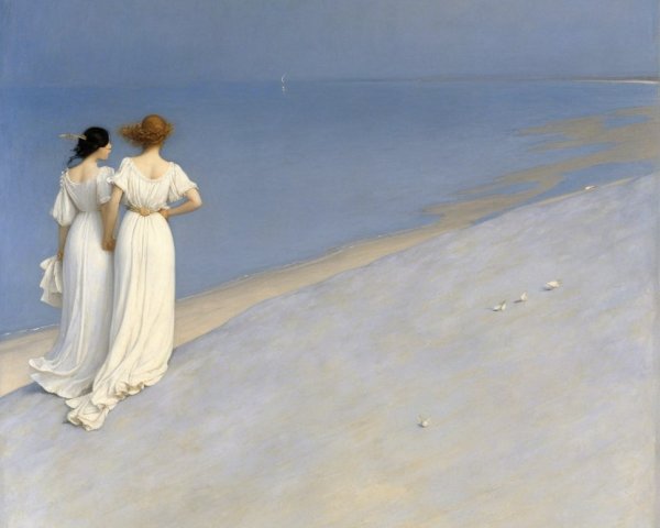 Two Women in White Dresses on a Twilight Beach