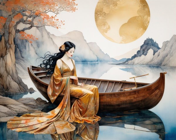 Traditional Asian Attire Woman in Wooden Boat by Tranquil Lake