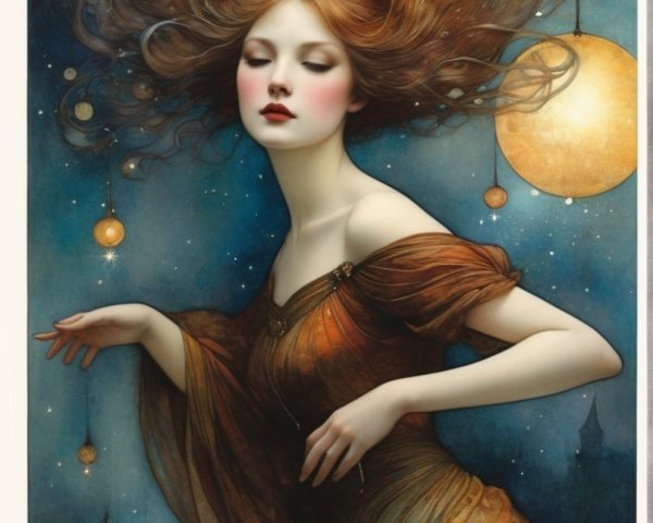 Surreal artwork: Woman with auburn hair, orbs, and dark silhouettes.