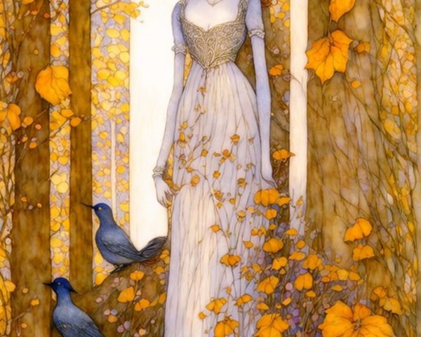 Woman in white gown with golden leaves in autumn forest with blackbirds