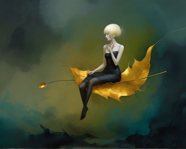 Surreal Figure on Golden Leaf in Mystical Setting
