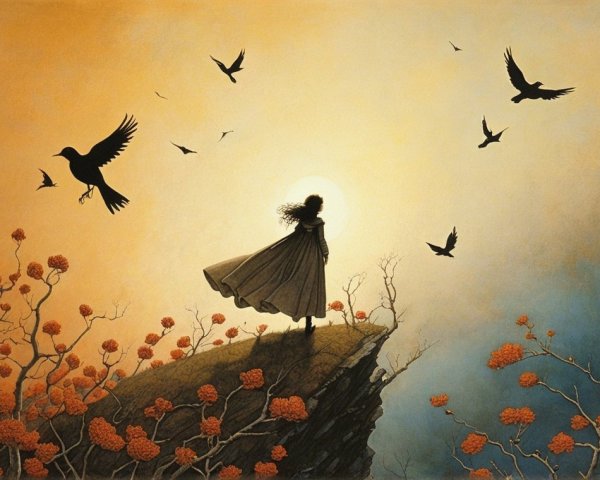 Solitary Figure in Cloak Against Vibrant Sky