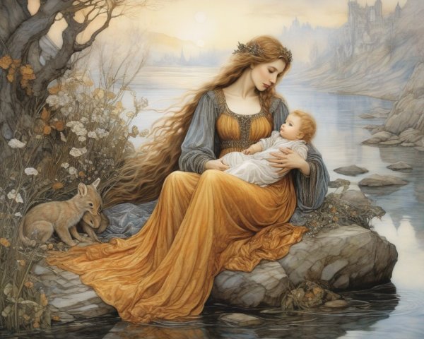 Serene River Scene with Woman, Baby, and Deer