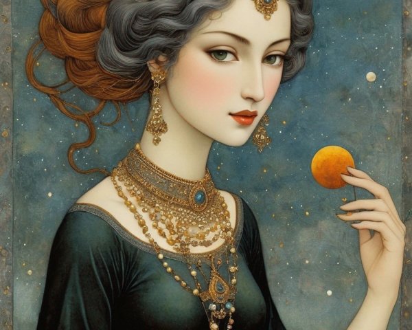 Regal Woman with Crescent Moon and Celestial Background