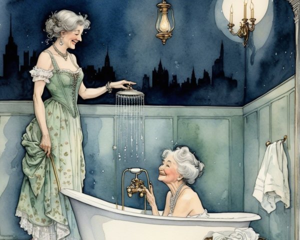 Whimsical Moonlit Bathroom with Elegant Decor and Gown