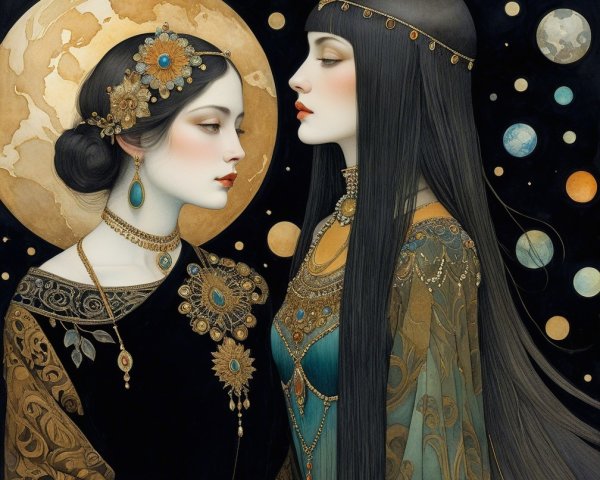 Elegant Women Against Celestial Backdrop with Planets