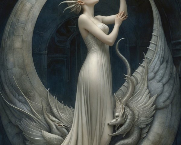 Serene Figure in White Gown with Ornate Frame