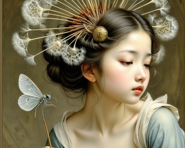 Serene Young Woman with Dandelion Flora and Butterfly