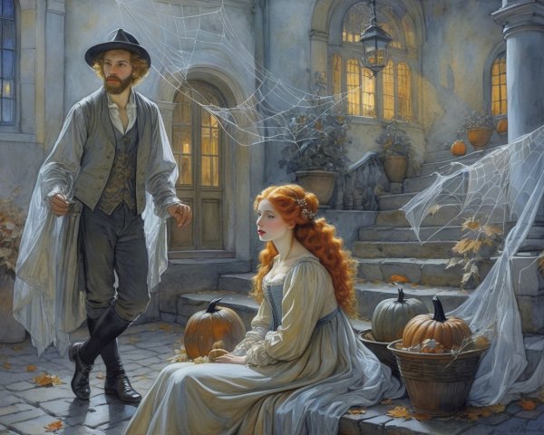 Moonlit Courtyard with Period Attire and Pumpkins