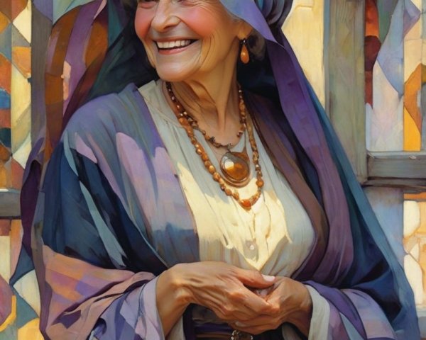 Elderly Woman in Colorful Stained-Glass Setting