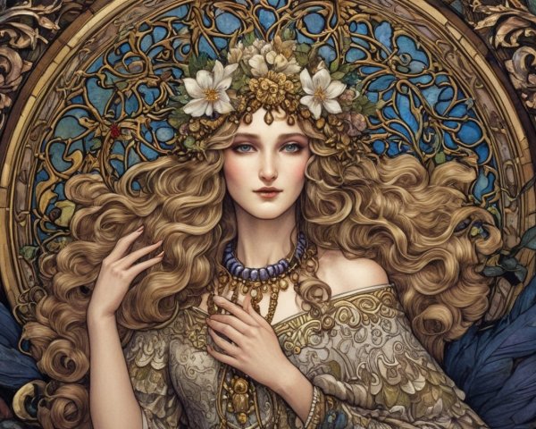 Stylized Portrait of a Maiden with Floral Crown
