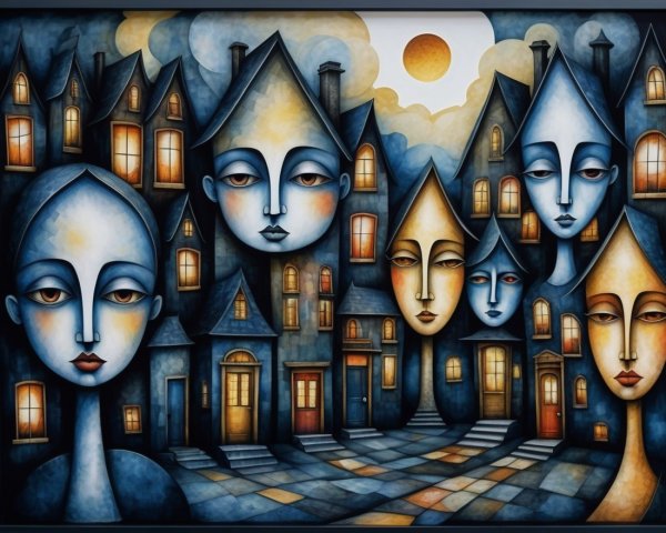Abstract Faces in Whimsical Urban Landscape Artwork