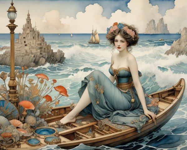 Woman in Blue Gown in Boat by Ocean and Castle