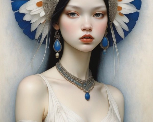 Portrait of woman with blue eyes, feathered headdress, white drapery, and blue &