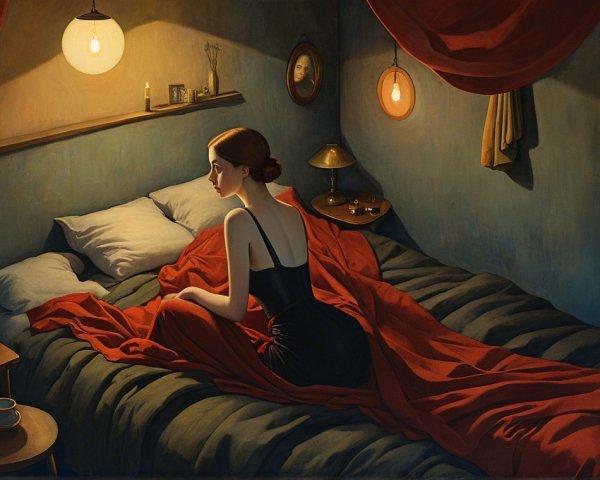 Woman in Dark Dress in Cozy Bedroom Setting