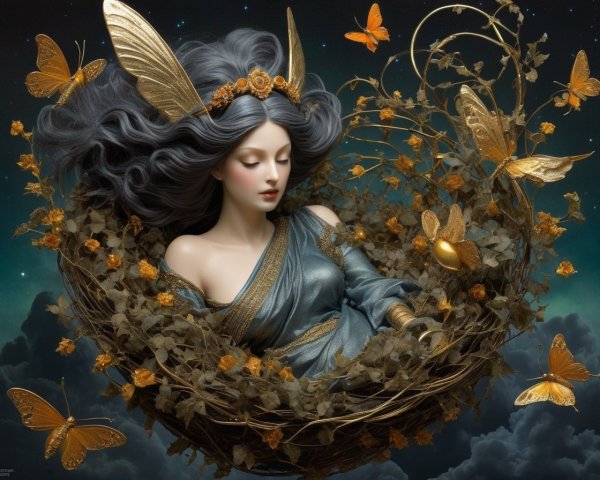 Serene figure in a nest of twigs and golden foliage