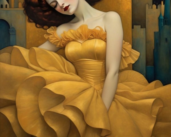 Woman in yellow gown with starry night background
