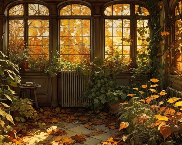 Cozy Room with Autumn Leaves and Warm Sunlight