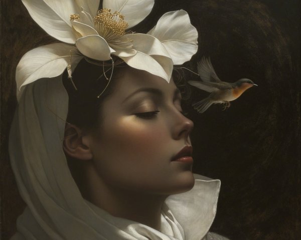 Serene Portrait of Woman with White Flower and Scarf