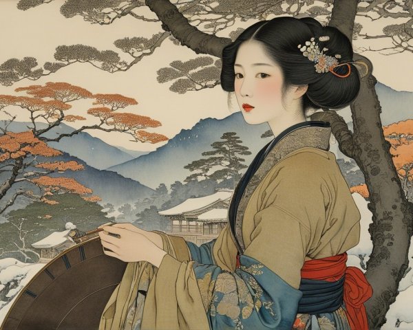 Japanese Woman in Traditional Attire Amid Nature