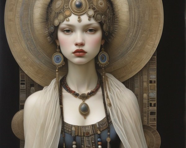 Ethereal woman portrait with ornate headpiece and jewelry on blue backdrop
