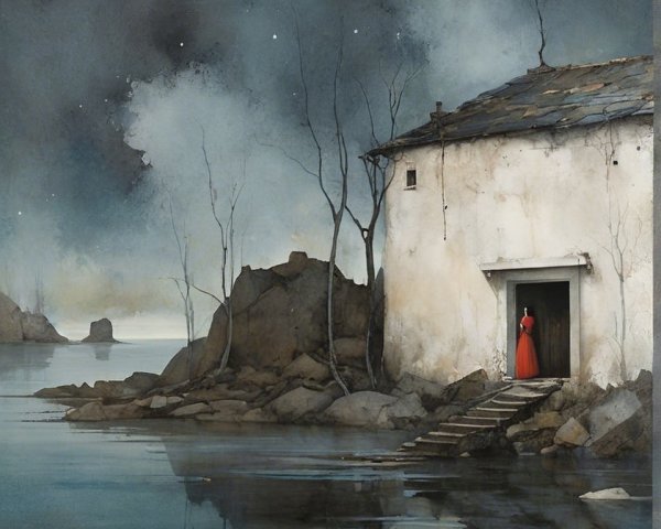Nighttime Scene of Cottage by Calm Water and Stars