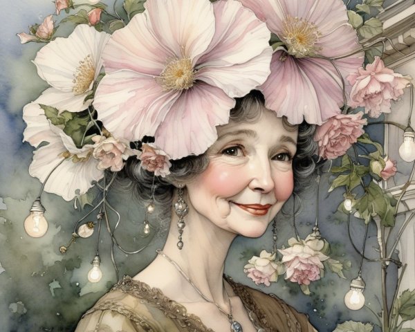 Elderly Woman with Floral Hair in Whimsical Setting