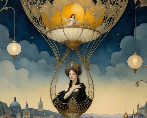 Surreal Scene with Woman in Ornate Hourglass Structure