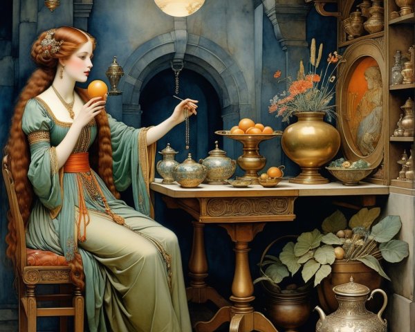 Serene Woman in Elegant Green Gown in Luxurious Setting