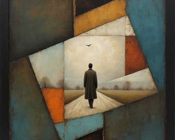Solitary Figure in Desolate Landscape with Geometric Shapes