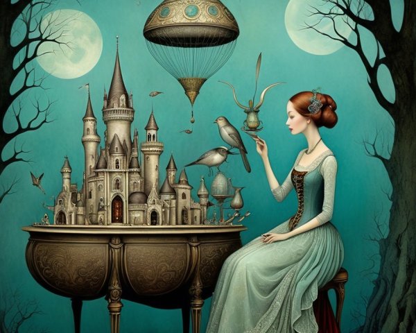 Elegant woman with teacup in whimsical castle scene