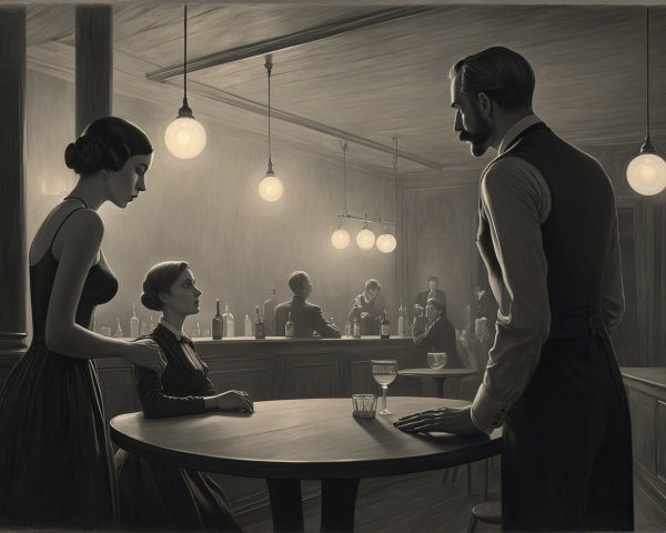 Sepia-Toned Film Noir Bar Scene with Two Tables