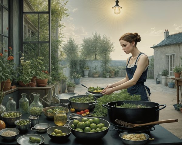 Young woman cooking in a sunlit kitchen with herbs